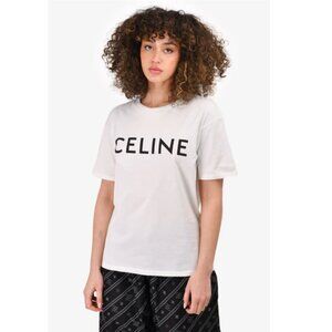 CELINE Logo T-Shirt Womens XS White Cotton Short Sleeve Crewneck Spellout Tee